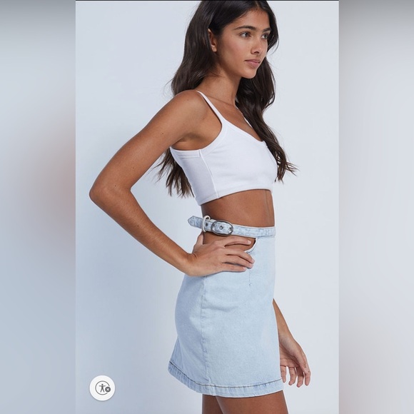 NWT WeWoreWhat Light Blue Denim Cut Out Mini Skirt with Silver Buckle - Picture 3 of 11